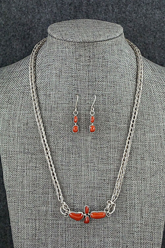 Coral & Sterling Silver Necklace and Earrings Set - Smokey Gchachu