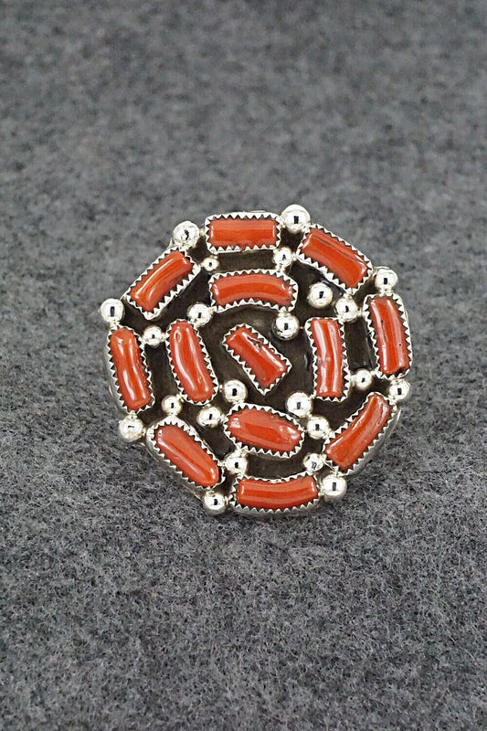Coral and Sterling Silver Ring - Darlene Begay - Size 9.5