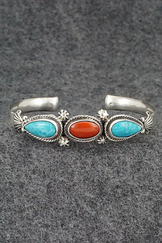 Turquoise, Coral & Sterling Silver Bracelet - Bobby Platero
