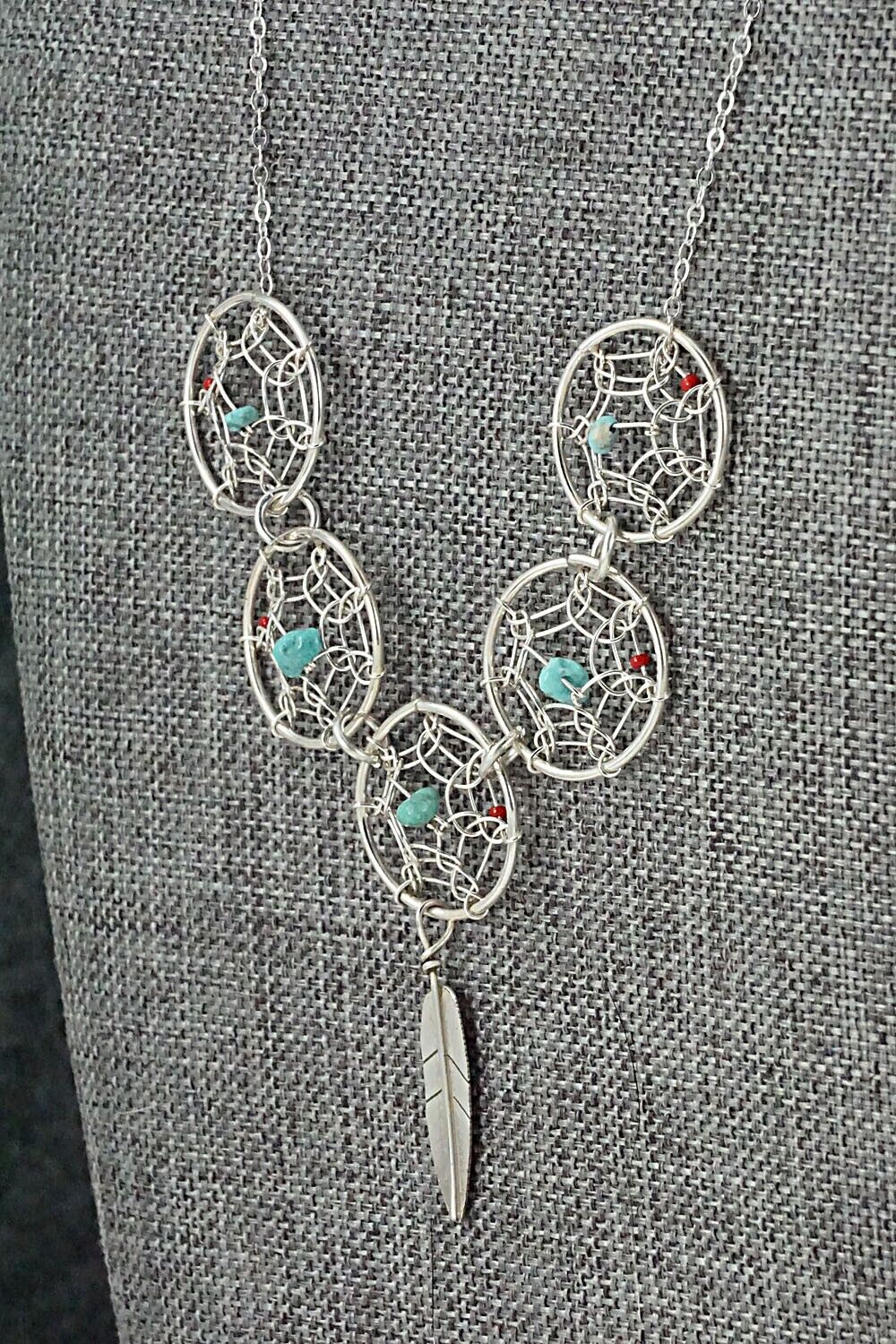 Turquoise, Coral & Sterling Silver Necklace - Lorenzo Arviso Jr.