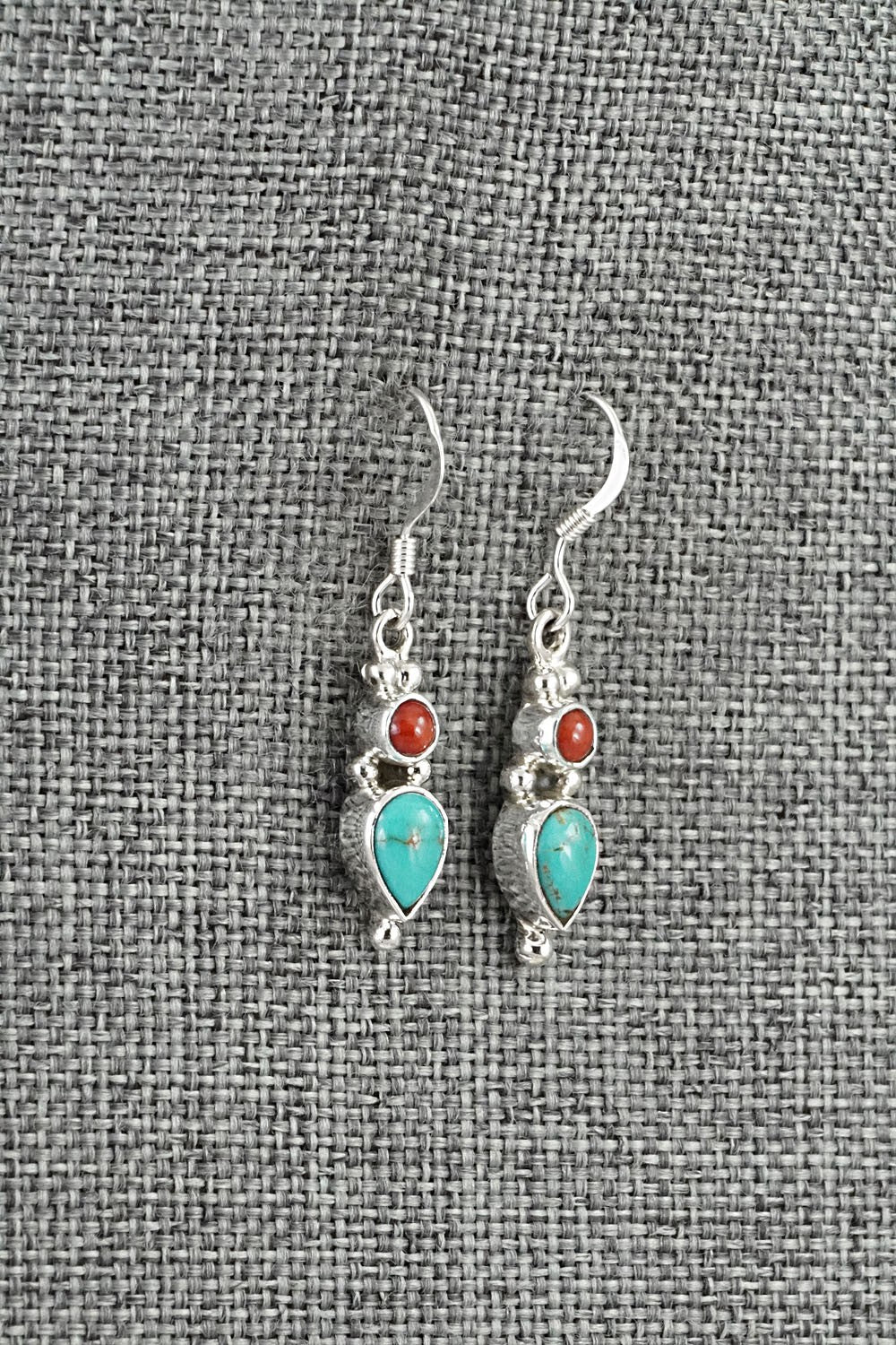 Turquoise, Coral & Sterling Silver Earrings - Gary Shorty