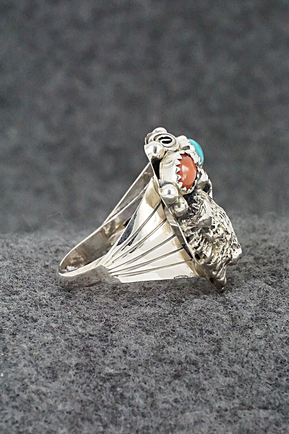 Turquoise, Coral & Sterling Silver Ring - Jeannette Saunders - Size 9.75
