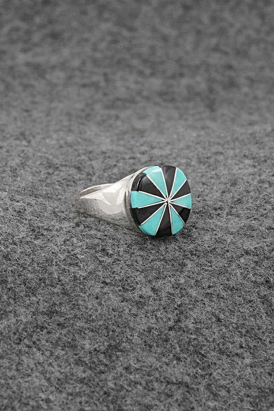 Turquoise, Onyx & Sterling Silver Inlay Ring - Johnson Laweka - Size 5.5