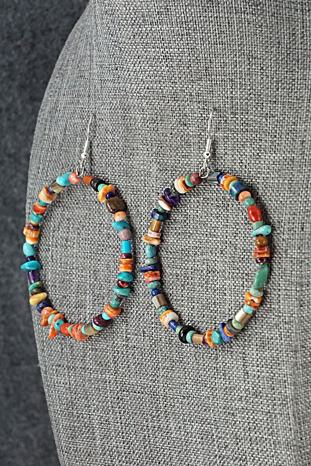 Multi Stone & Sterling Silver Hoop Earrings - Helen Tsosie