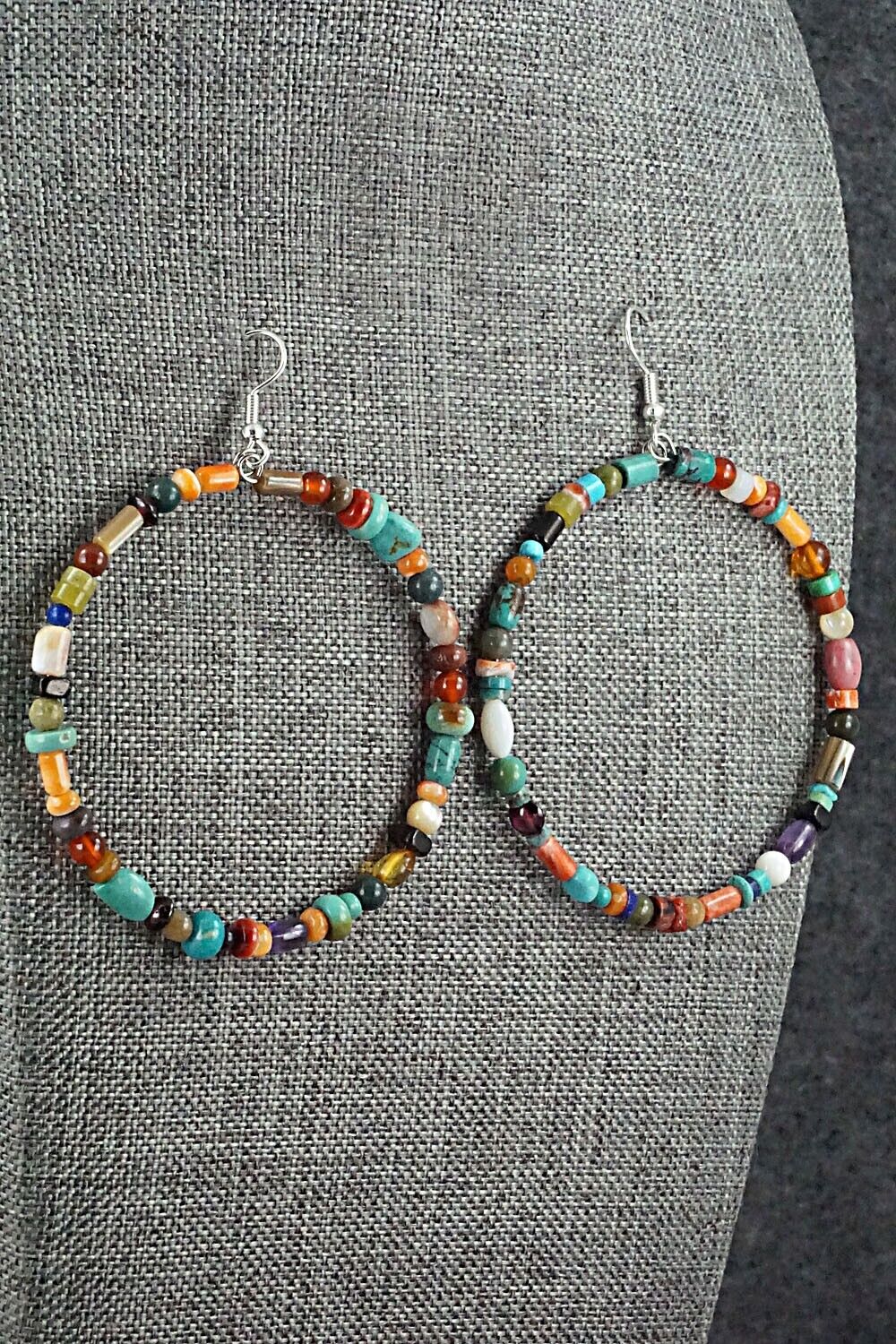 Multi Stone & Sterling Silver Hoop Earrings - Helen Tsosie