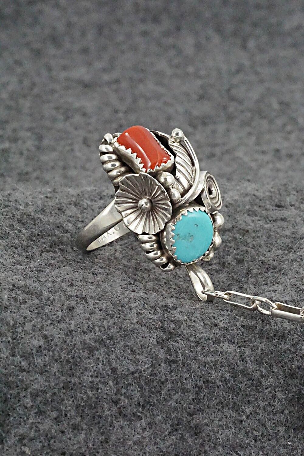 Coral and Turquoise Bracelet & Ring - Max Calladitto - Size 7.5 (Adj.)