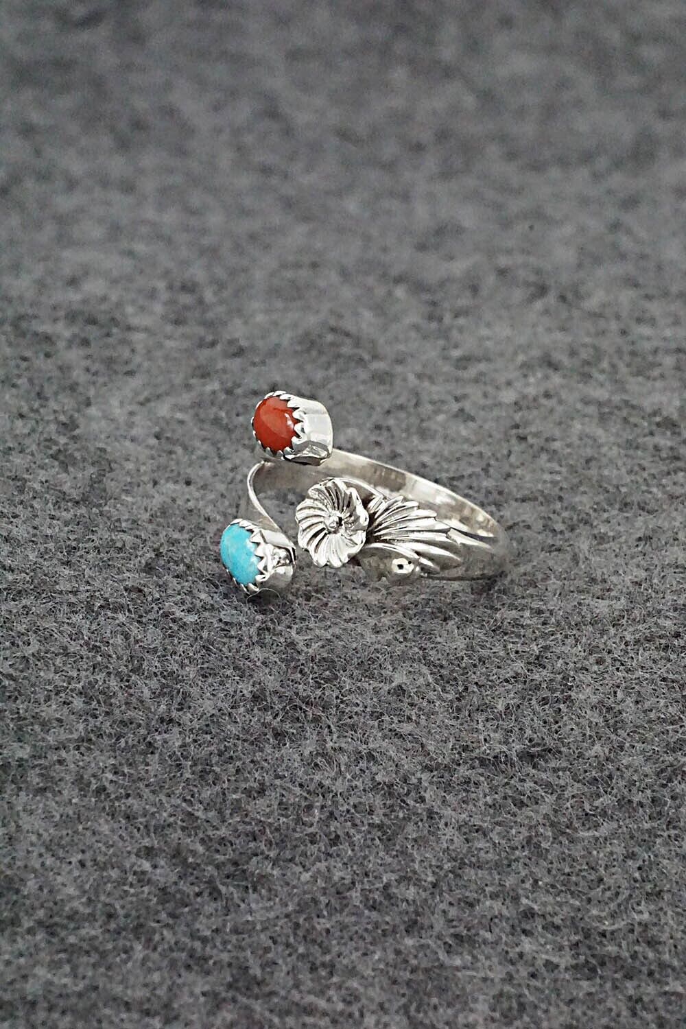 Turquoise, Coral & Sterling Silver Ring - Robert Martinez - Size 8