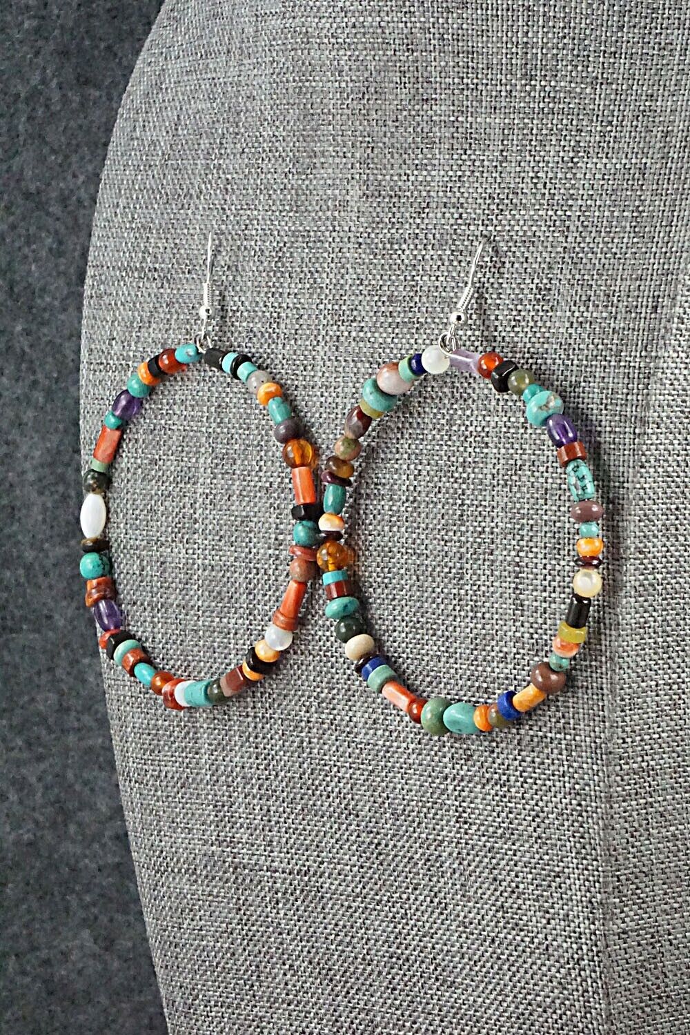 Multi Stone & Sterling Silver Hoop Earrings - Helen Tsosie