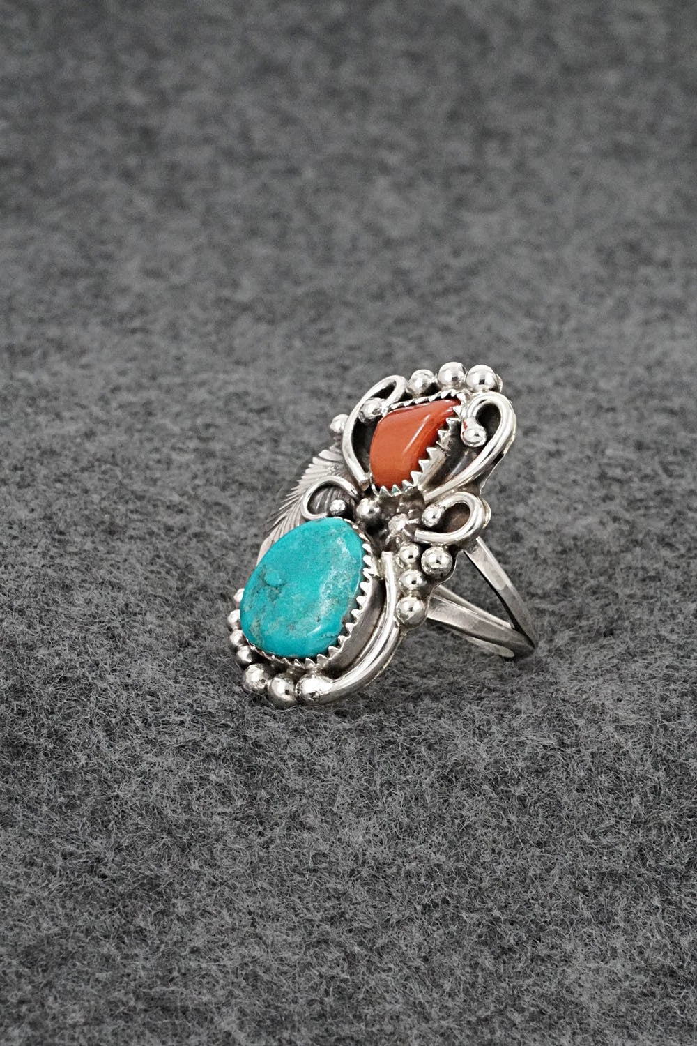 Turquoise, Coral & Sterling Silver Ring - Herbert Begaye - Size 8