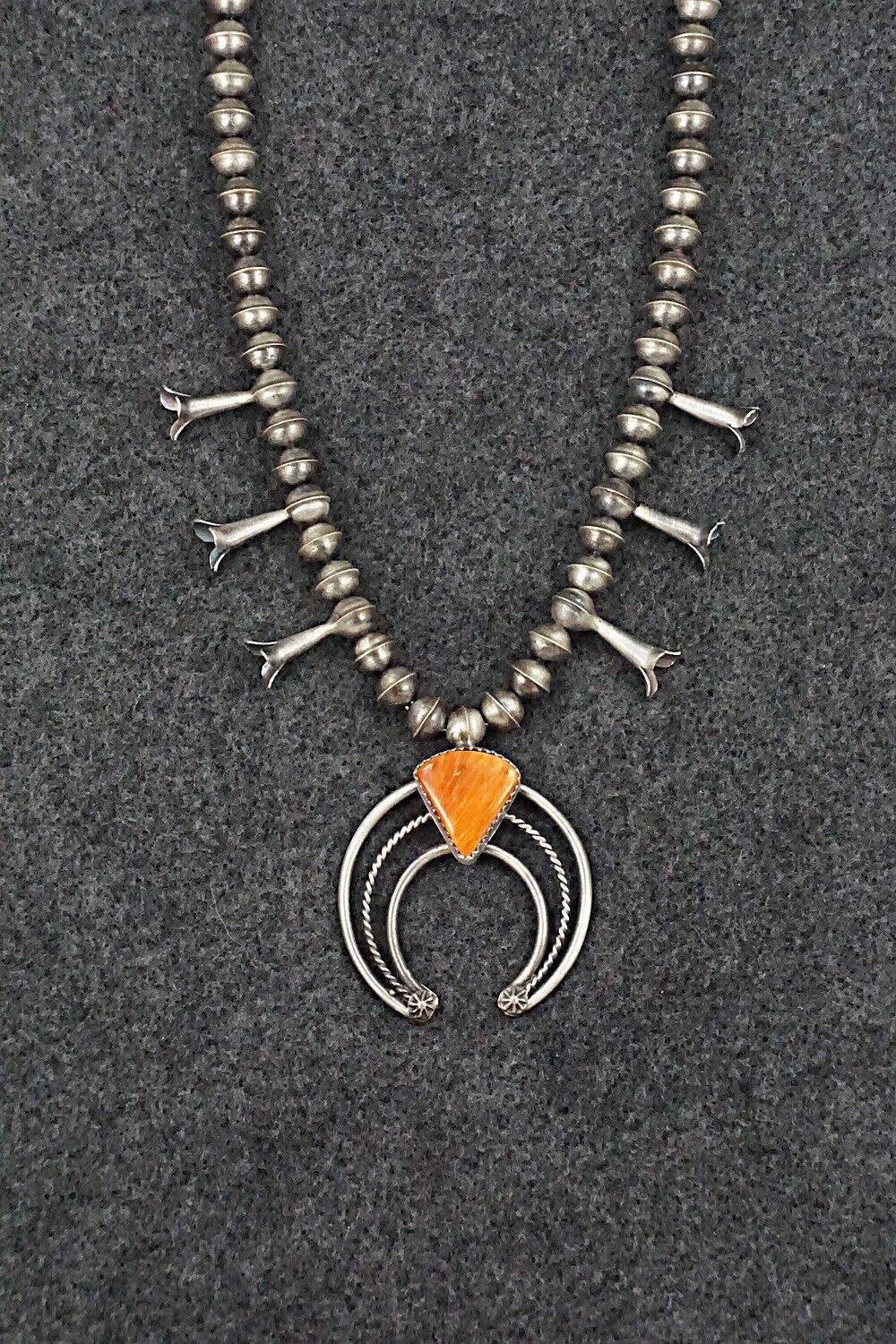 Spiny Oyster & Sterling Silver Squash Blossom Necklace - Phil Garcia