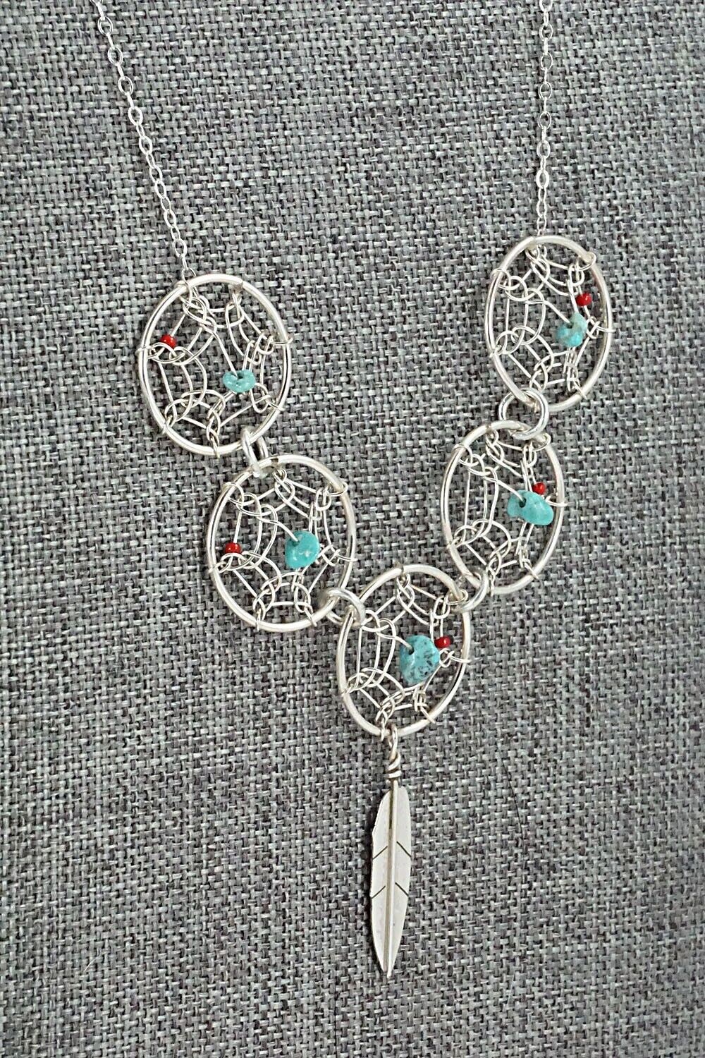 Turquoise, Coral & Sterling Silver Necklace - Lorenzo Arviso Jr.