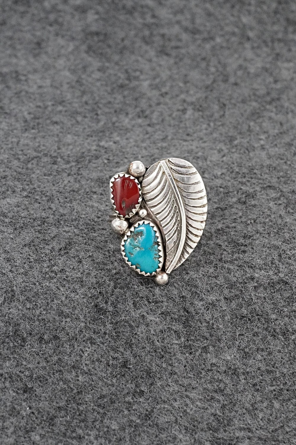 Turquoise, Coral & Sterling Silver Ring - Priscilla Reeder - Size 8