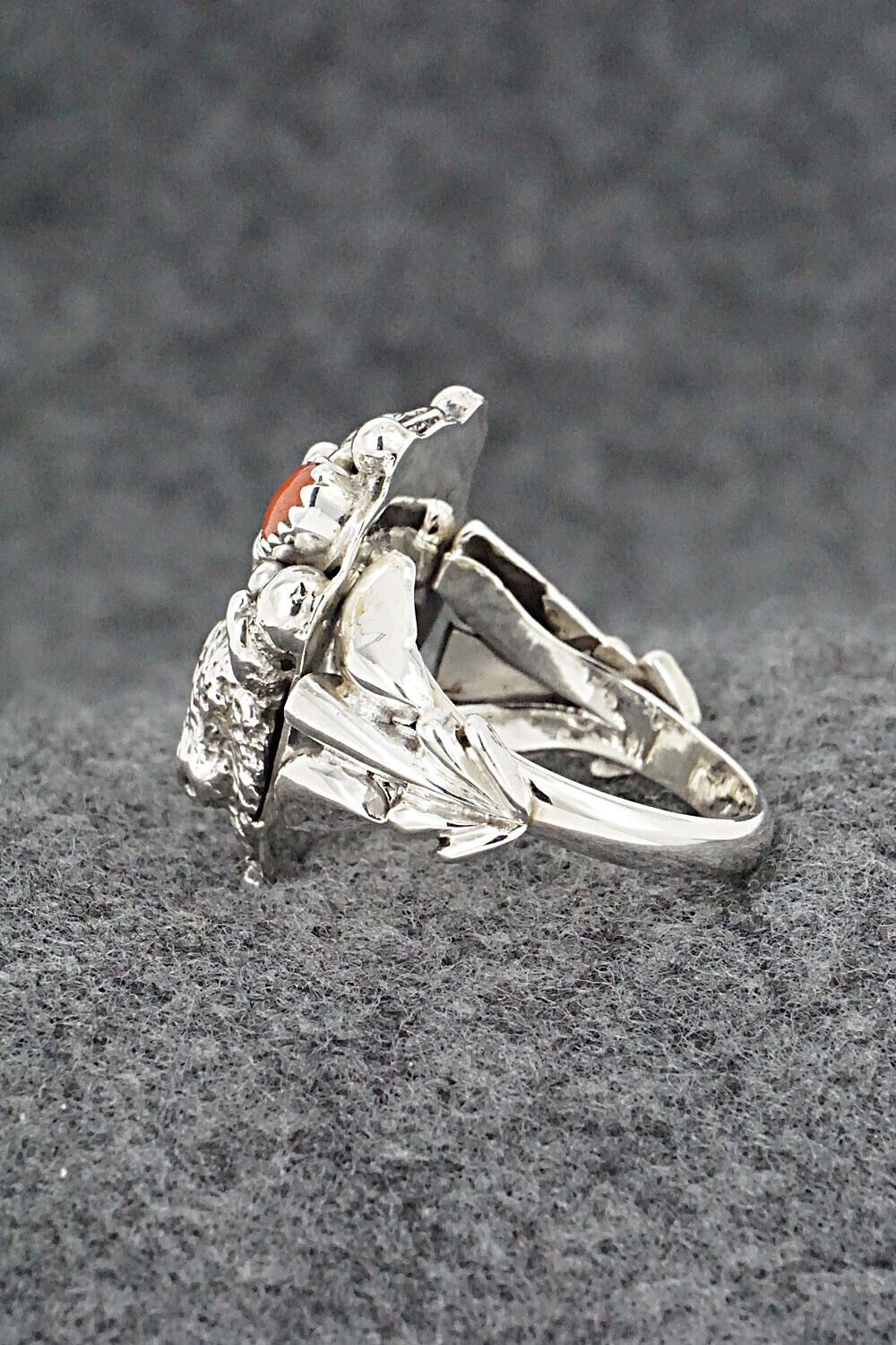 Turquoise, Coral & Sterling Silver Ring - Jeannette Saunders - Size 10.5