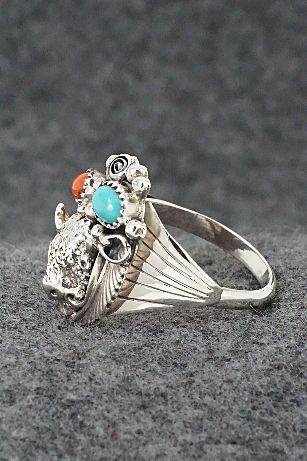 Turquoise, Coral & Sterling Silver Ring - Jeannette Saunders - Size 14