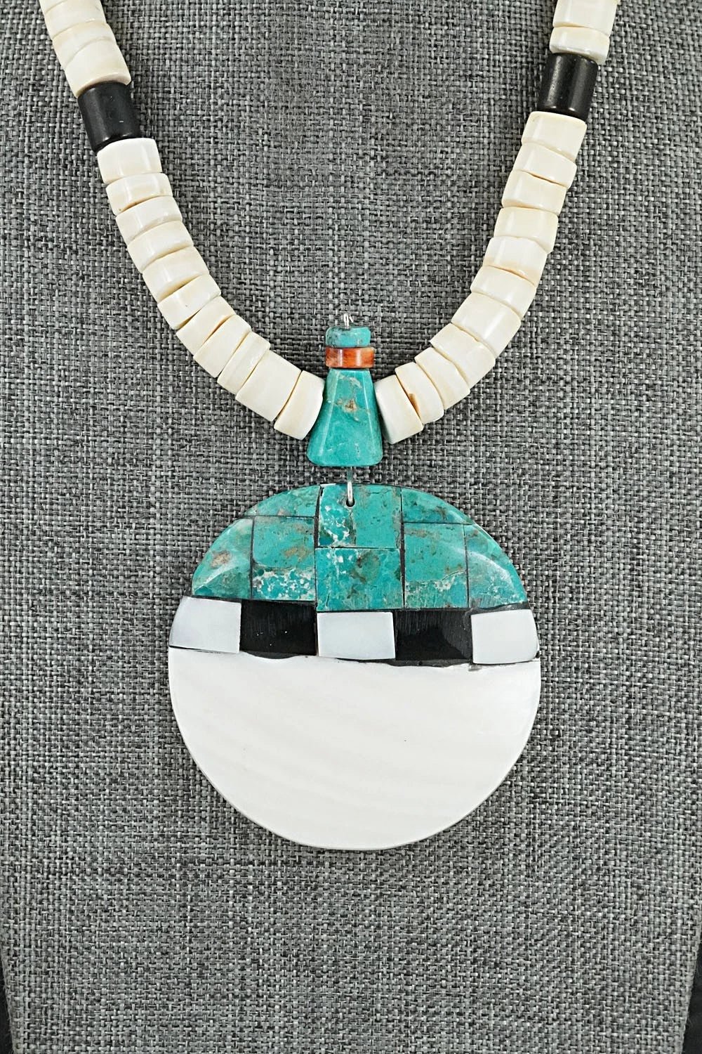 Turquoise, Melon Shell and Sterling Silver Necklace - Lupe Lovato