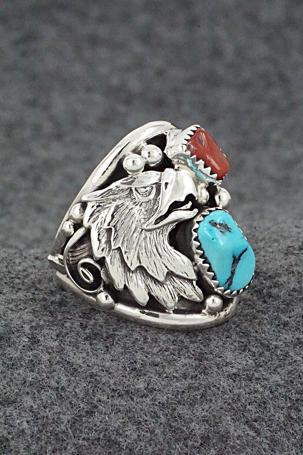 Turquoise, Coral & Sterling Silver Ring - Jeannette Saunders - Size 10