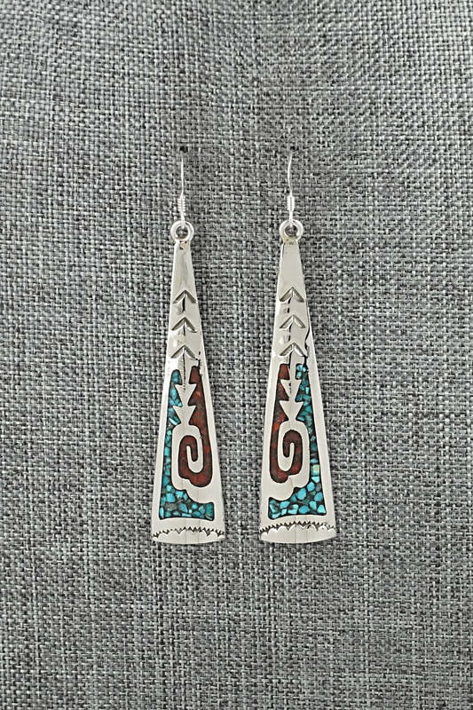 Turquoise, Coral Chip & Sterling Silver Earrings - Joleen Yazzie