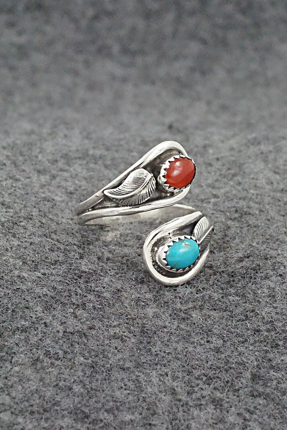 Turquoise, Coral & Sterling Silver Ring - Angela Platero - Size 8.5