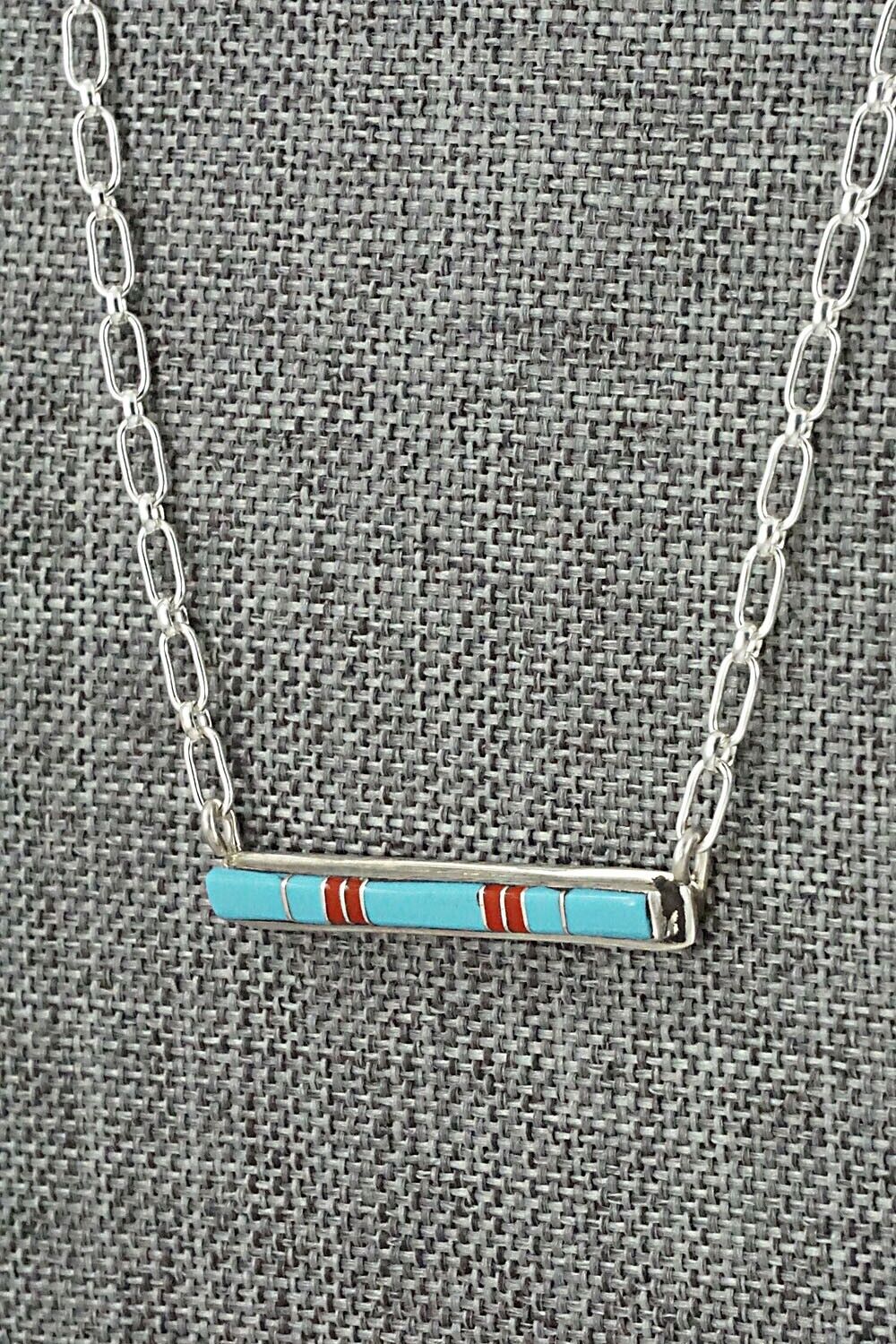 Turquoise, Coral & Sterling Silver Inlay Necklace - Roland Natachu