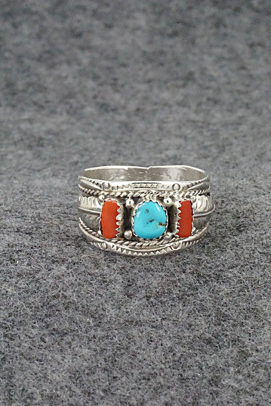 Turquoise, Coral and Sterling Silver Ring - Betty Begay - Size 13.25
