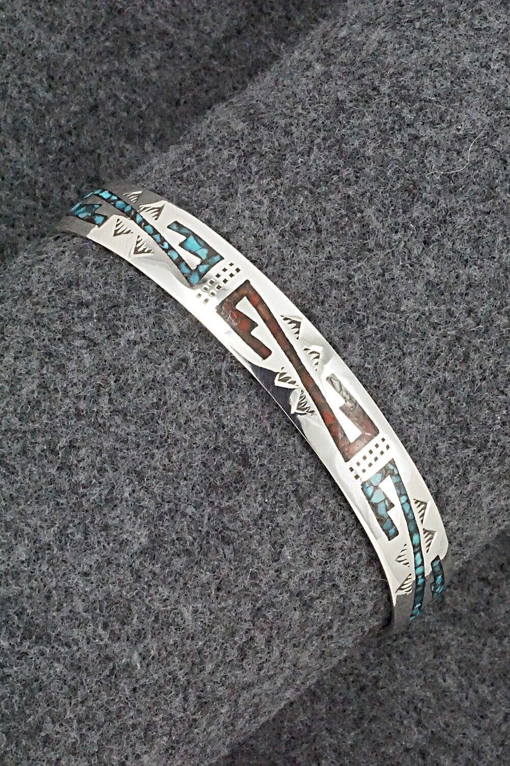 Turquoise, Coral Chip Inlay & Sterling Silver Bracelet - Joleen Yazzie