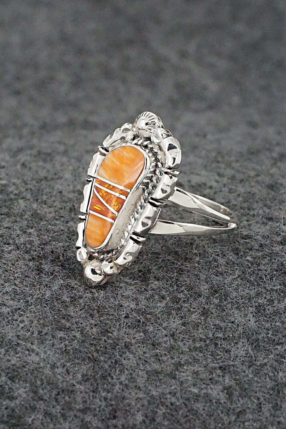 Spiny Oyster, Opalite & Sterling Silver Inlay Ring - James Manygoats - Size 8.5
