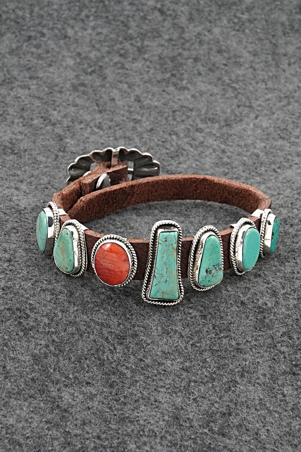 Turquoise, Spiny Oyster, Sterling Silver & Leather Bracelet - Marlene Ramone