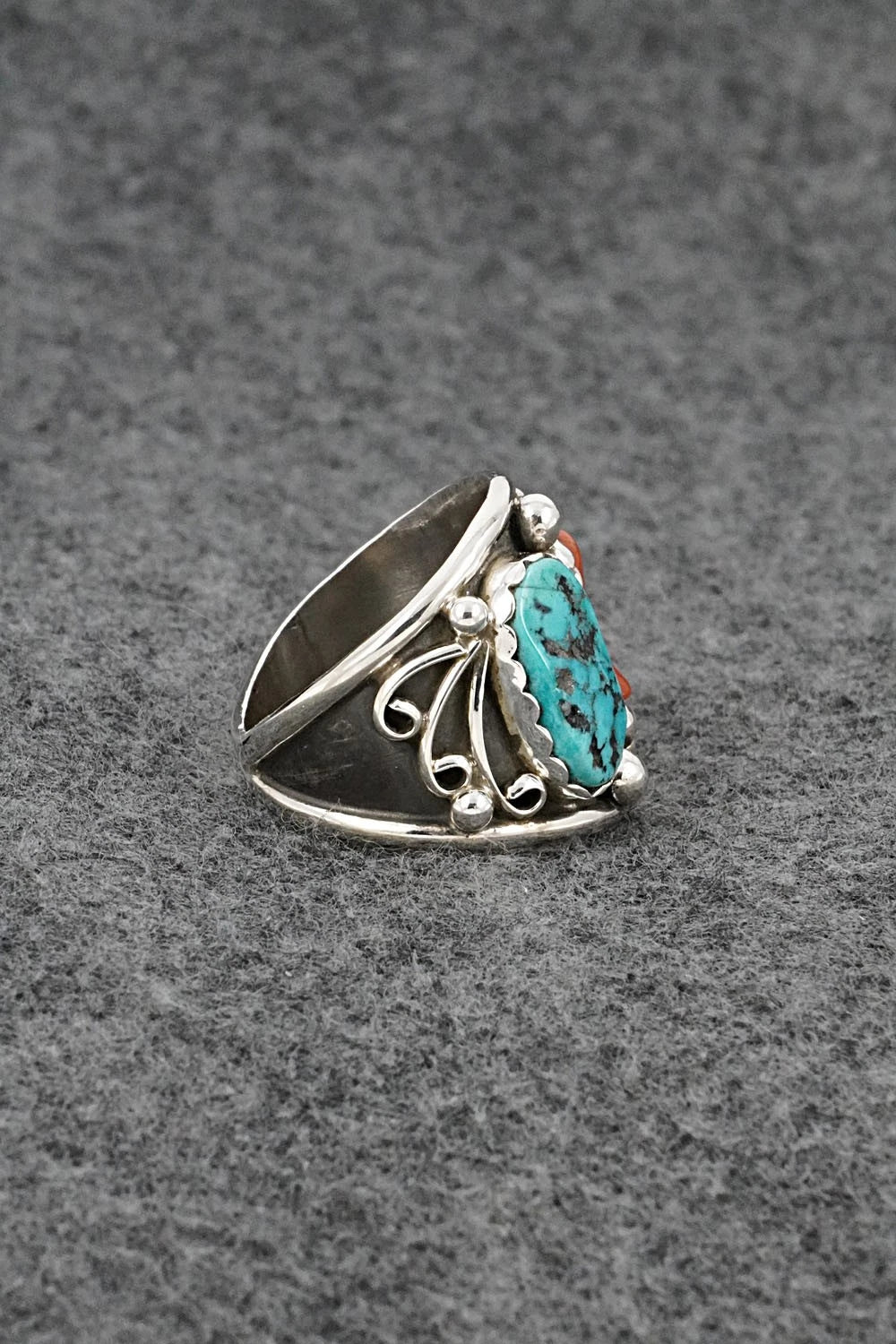 Turquoise, Coral & Sterling Silver Ring - Darrell Morgan - Size 9