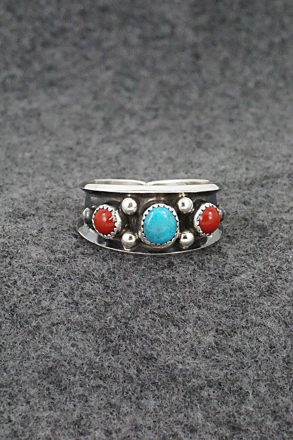 Turquoise, Coral & Sterling Silver Ring - Paul Largo - Size 11.5