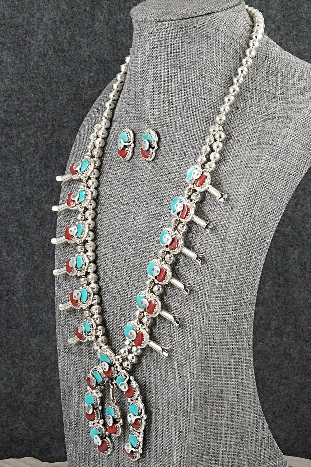 Turquoise, Coral & Sterling Silver Squash Blossom Set - Gayle Calavaza
