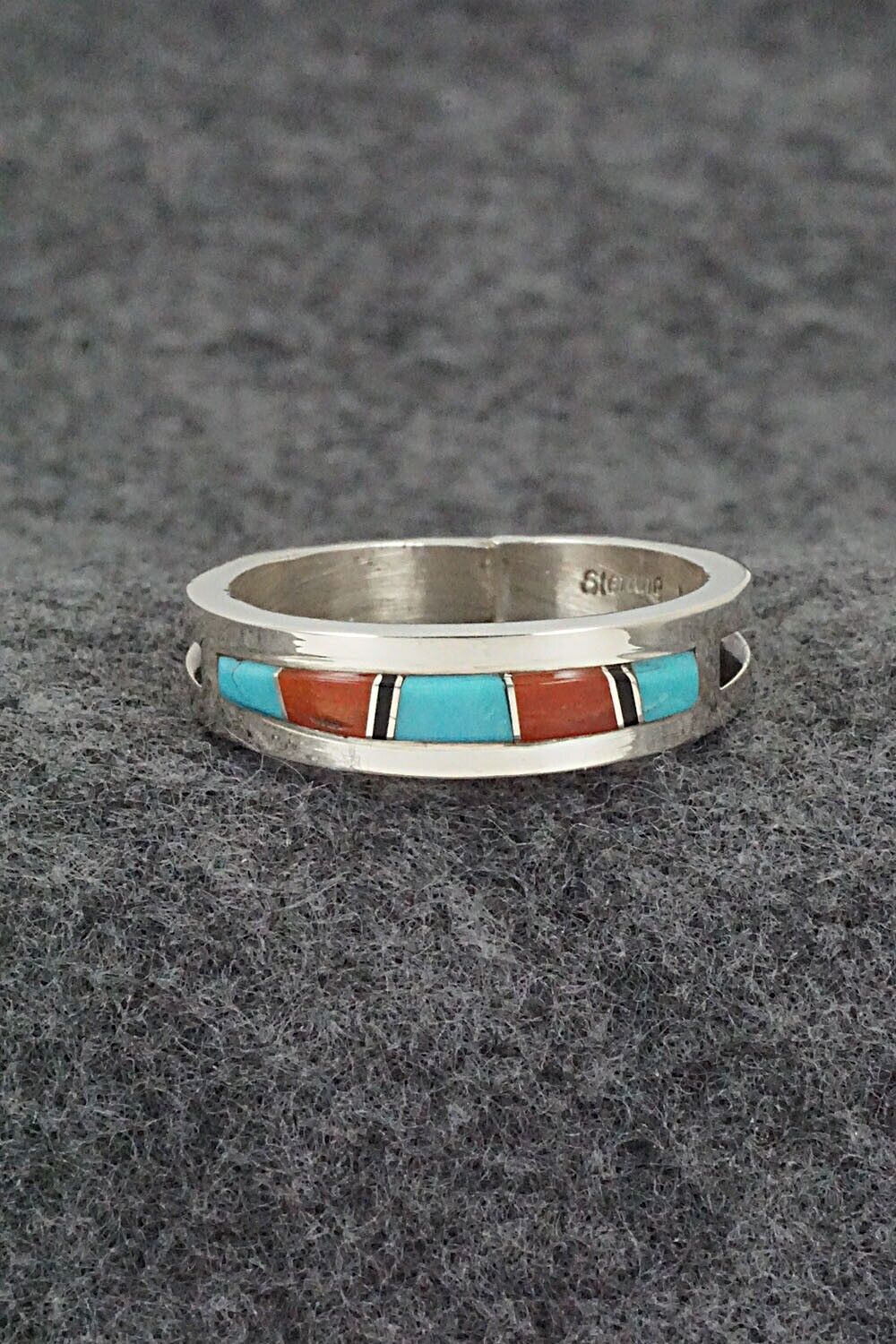 Turquoise, Coral, Onyx & Sterling Silver Ring - Wilbert Muskett Jr. - Size 12