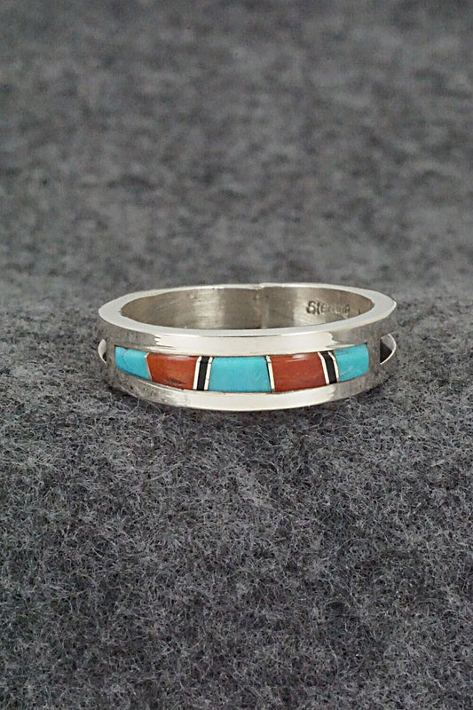 Turquoise, Coral, Onyx & Sterling Silver Ring - Wilbert Muskett Jr. - Size 12