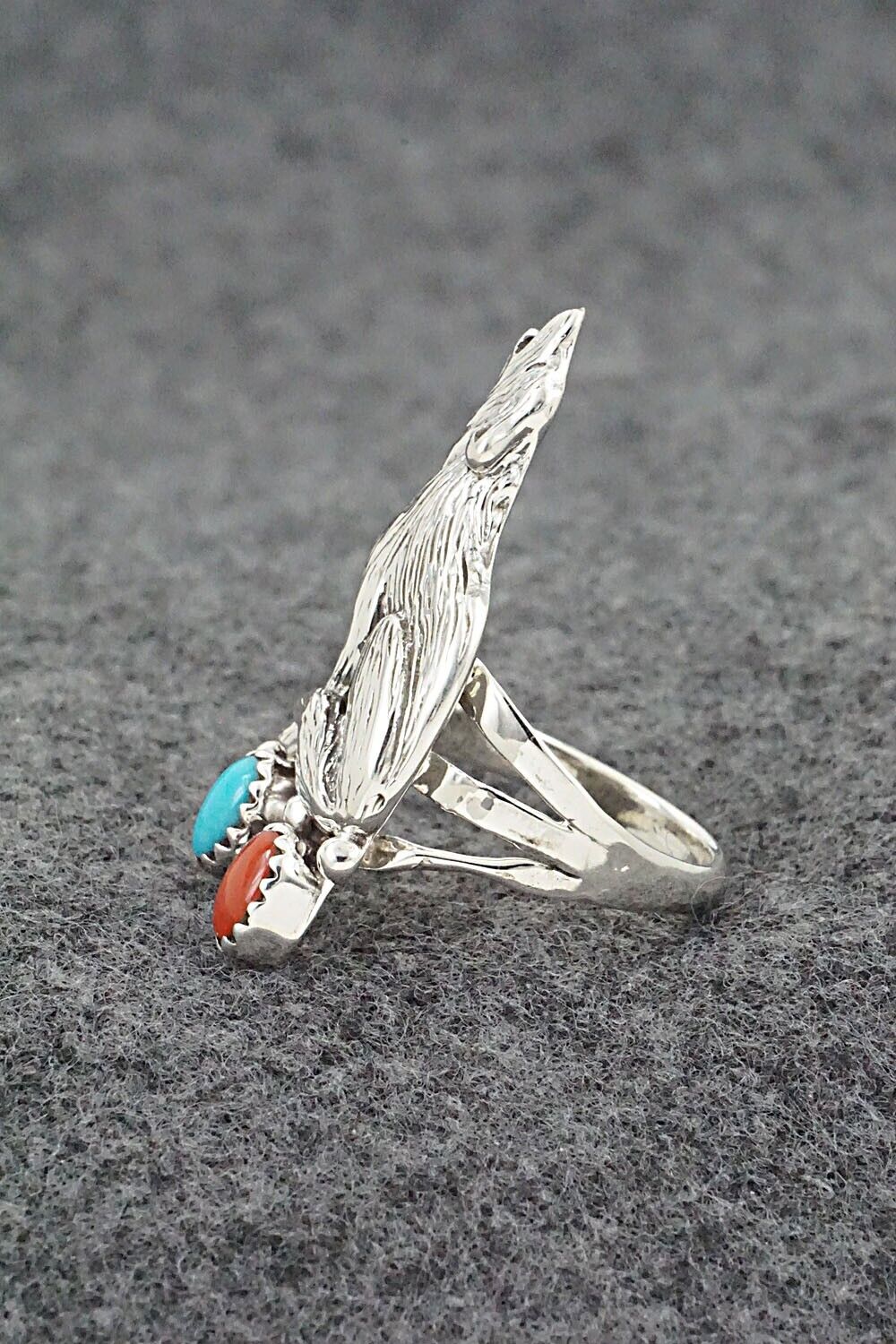 Turquoise, Coral & Sterling Silver Ring - Jerryson Henio - Size 8.5