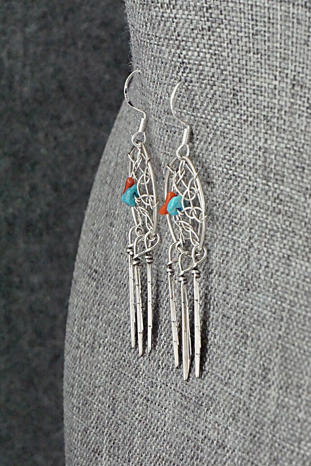 Turquoise, Coral & Sterling Silver Earrings - Lorenzo Arviso Jr.