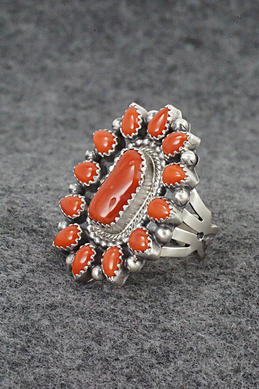 Coral & Sterling Silver Ring - Tom Lewis - Size 7
