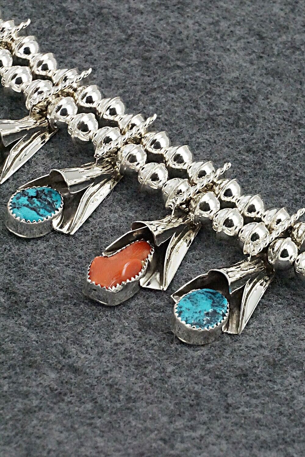 Turquoise, Coral & Sterling Silver Squash Blossom Set - Louise Yazzie