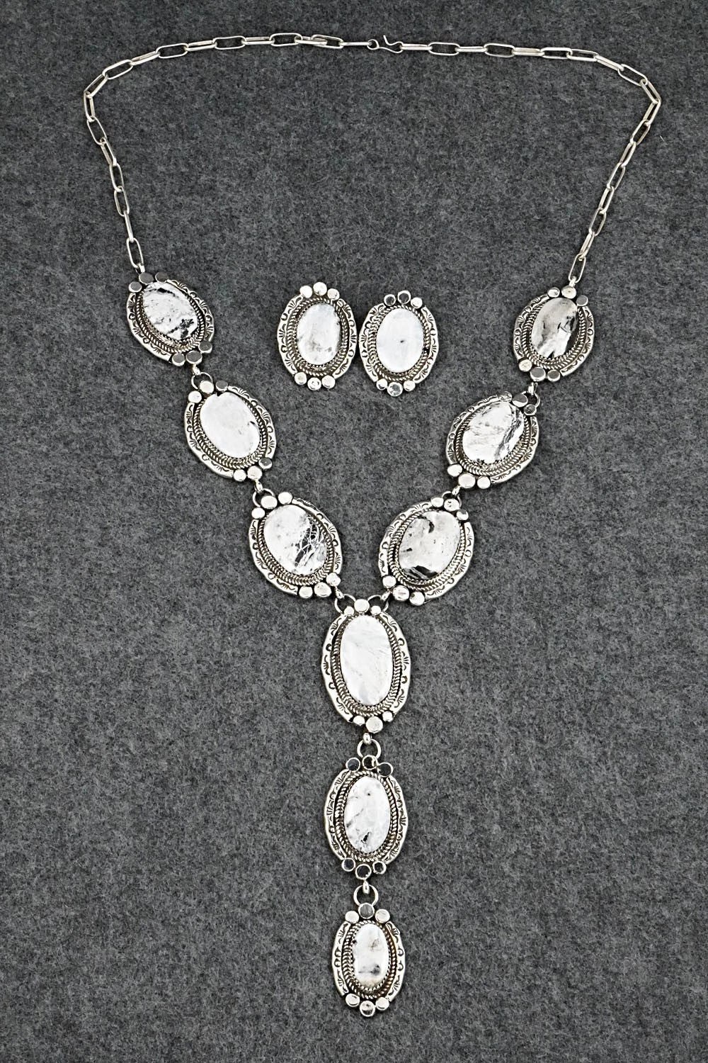 White Buffalo & Sterling Silver Necklace and Earrings Set - Phil Nez