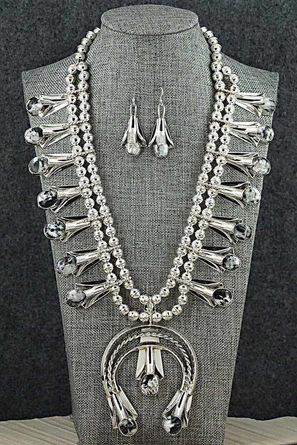 White Buffalo & Sterling Silver Squash Blossom Set - Louise Yazzie