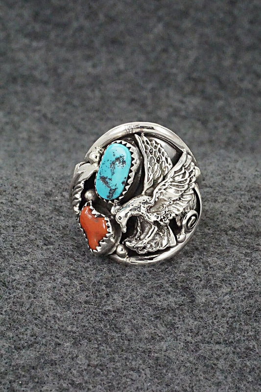 Turquoise, Coral & Sterling Silver Ring - Jeannette Saunders - Size 11.75
