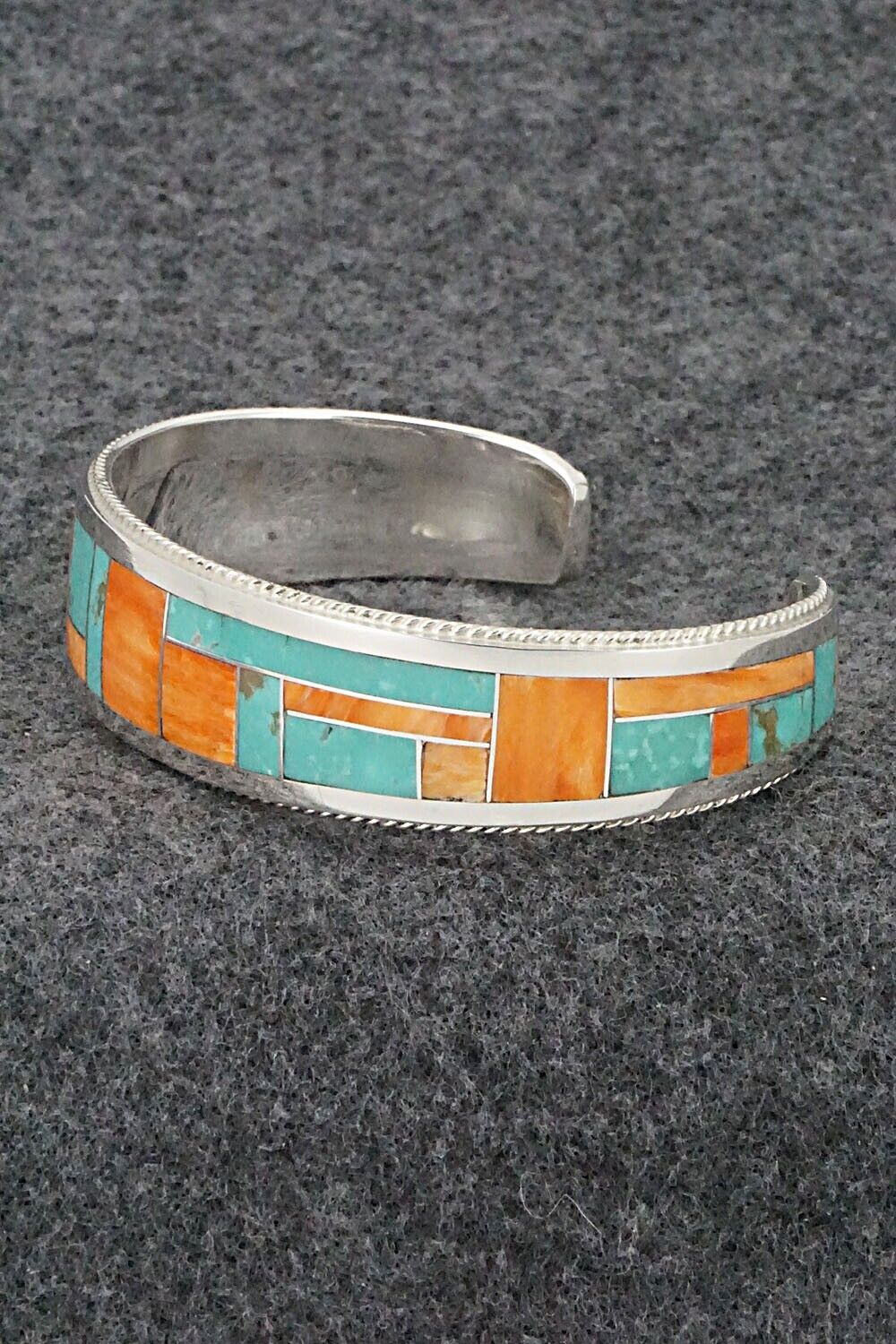 Turquoise, Spiny Oyster & Sterling Silver Inlay Bracelet - Glendora Booqua