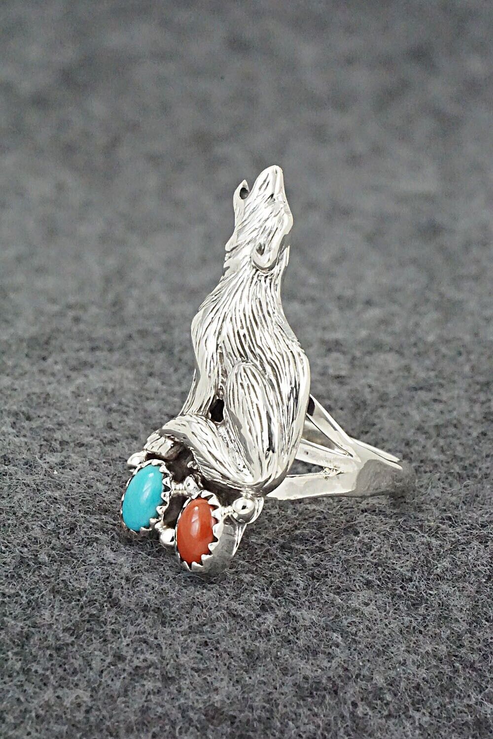 Turquoise, Coral & Sterling Silver Ring - Jerryson Henio - Size 8.75