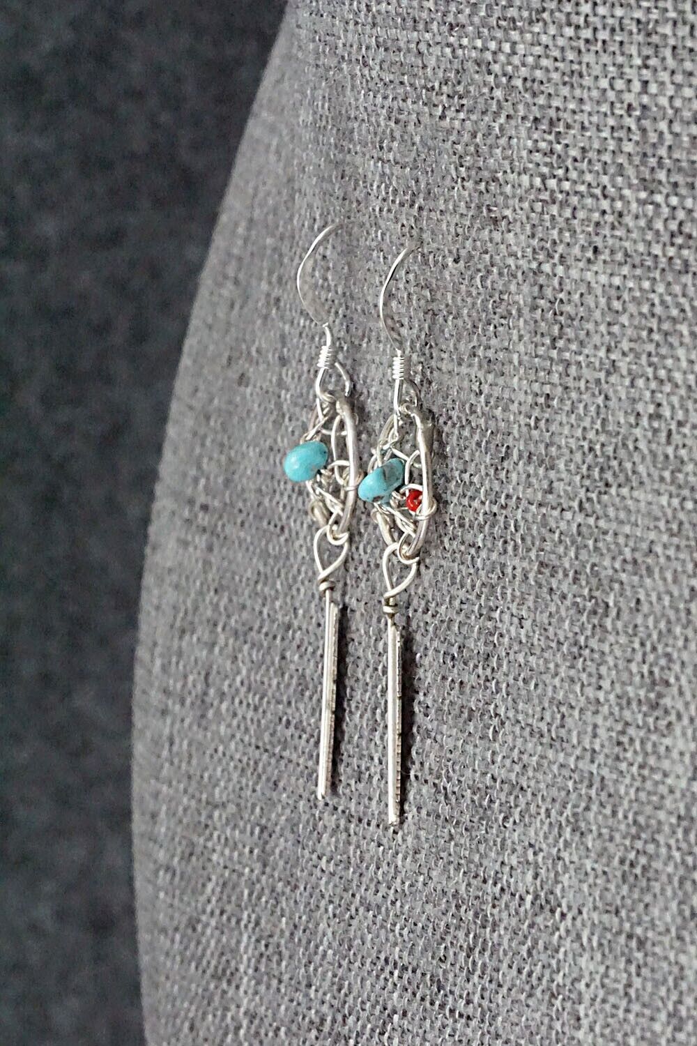 Turquoise, Coral & Sterling Silver Earrings - Lorenzo Arviso Jr.