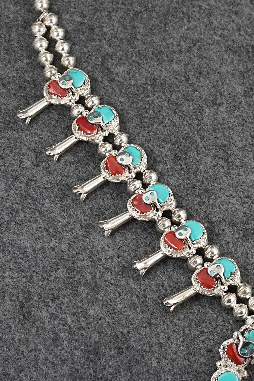 Turquoise, Coral & Sterling Silver Squash Blossom Set - Gayle Calavaza