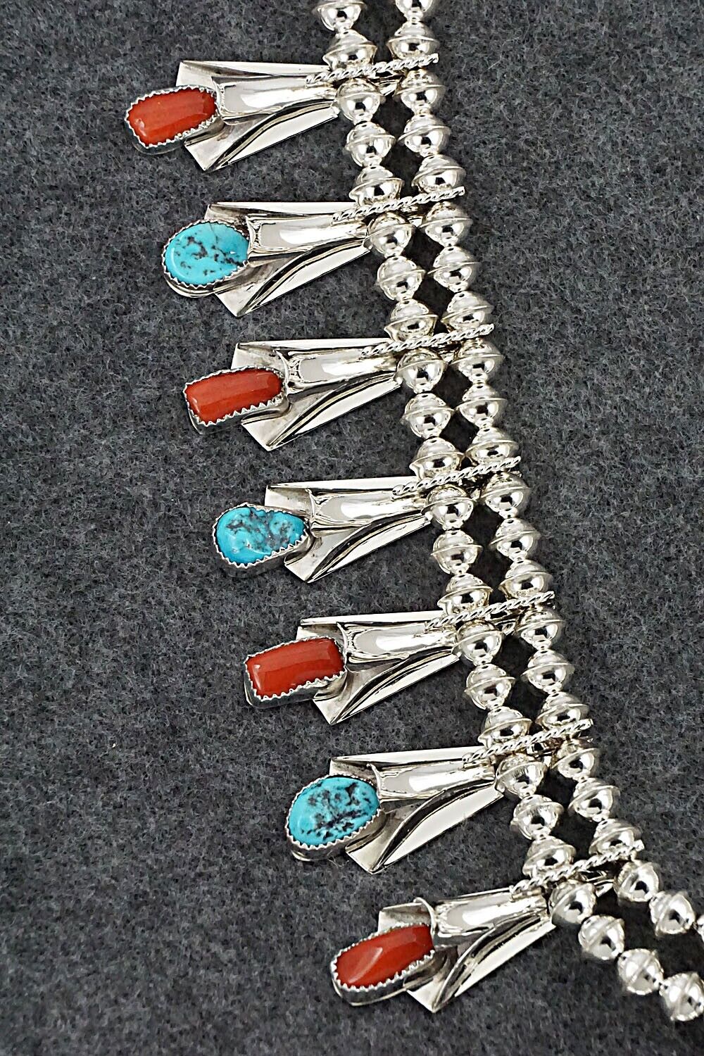 Turquoise, Coral & Sterling Silver Squash Blossom Set - Louise Yazzie