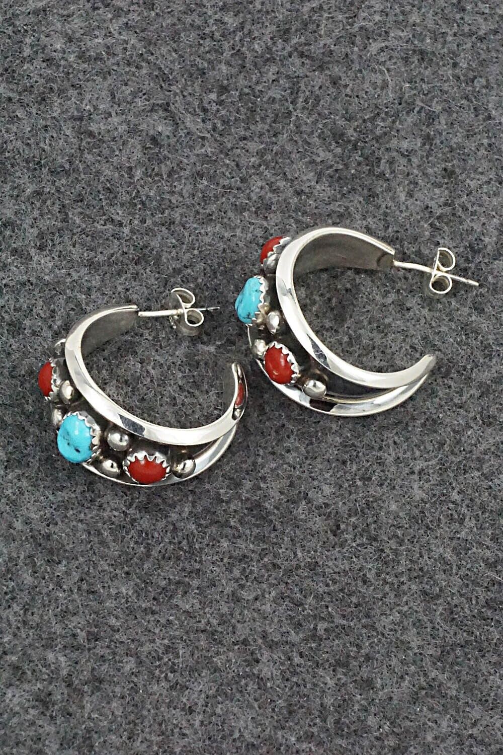 Turquoise, Coral & Sterling Silver Earrings - Paul Largo