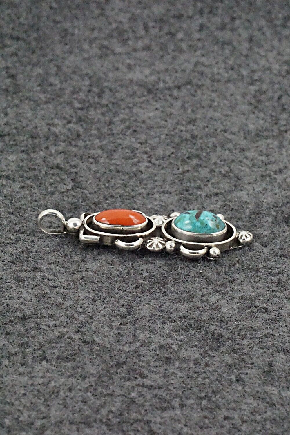 Turquoise, Coral & Sterling Silver Pendant - Roger Lewis