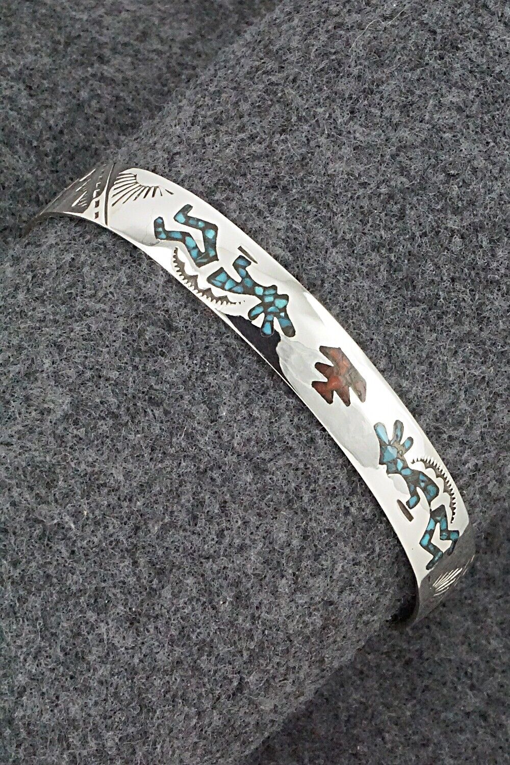Turquoise, Coral Chip Inlay & Sterling Silver Bracelet - Joleen Yazzie