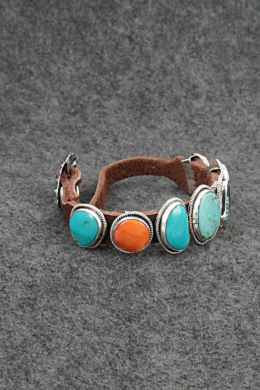 Turquoise, Spiny Oyster, Sterling Silver & Leather Bracelet - Marlene Ramone