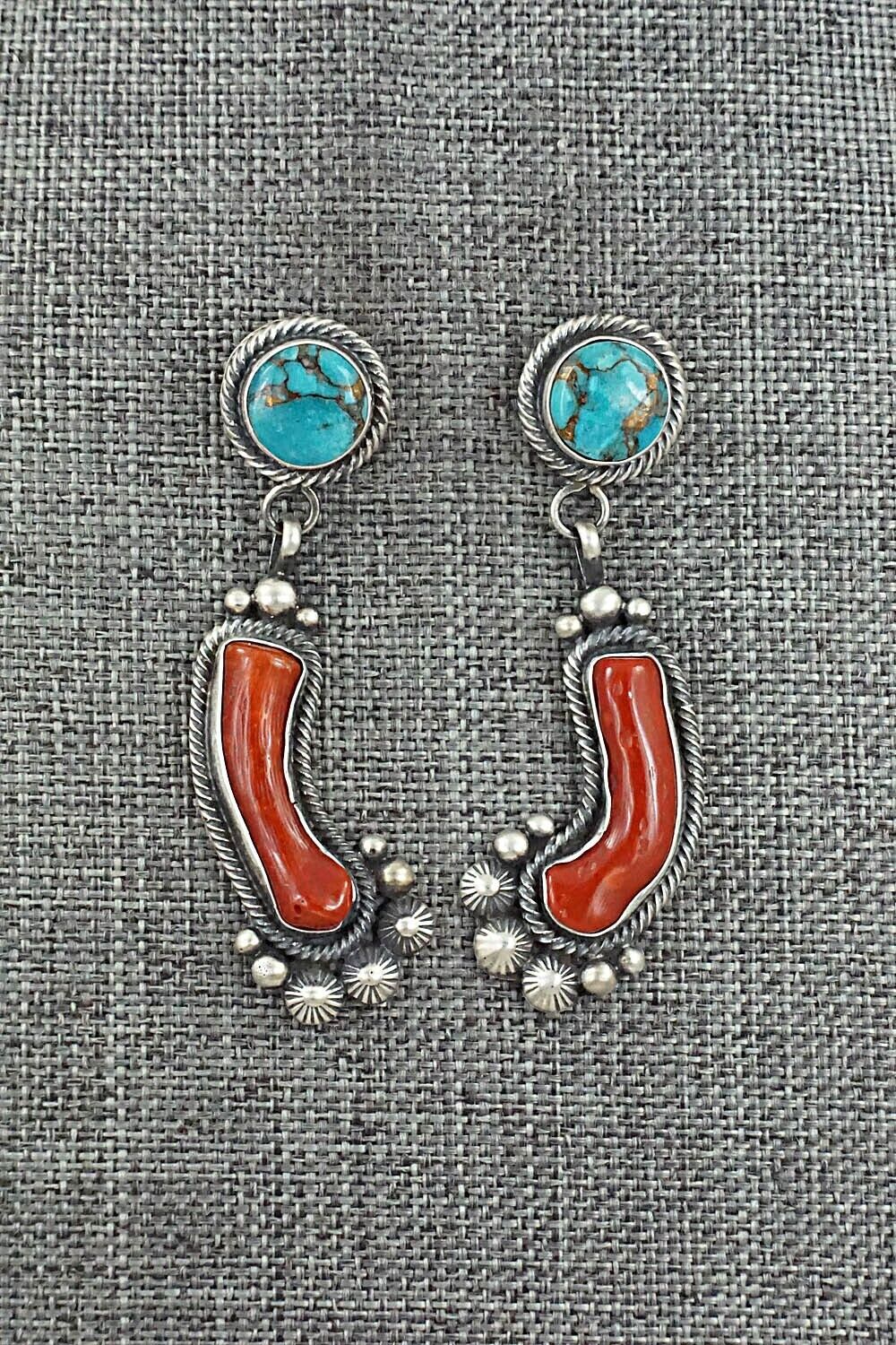 Turquoise, Coral & Sterling Silver Earrings - Tom Lewis