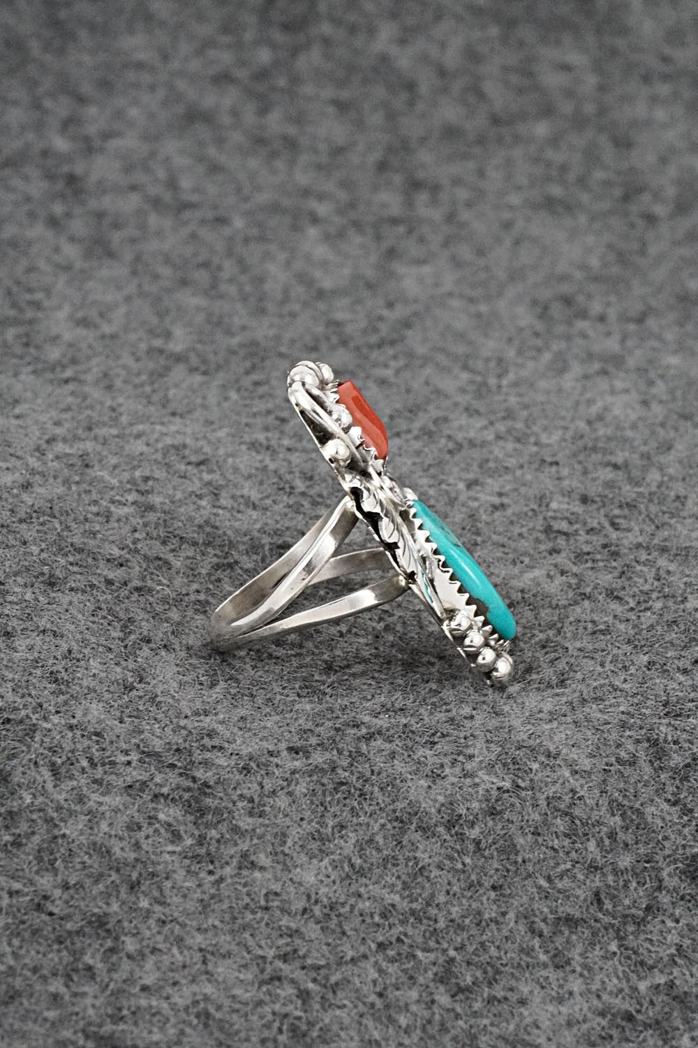 Turquoise, Coral & Sterling Silver Ring - Herbert Begaye - Size 6.5